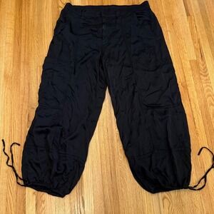 Y2K American Eagle Black Cargo Pants Women's‎ 16 Short Nylon Drawstring Hem